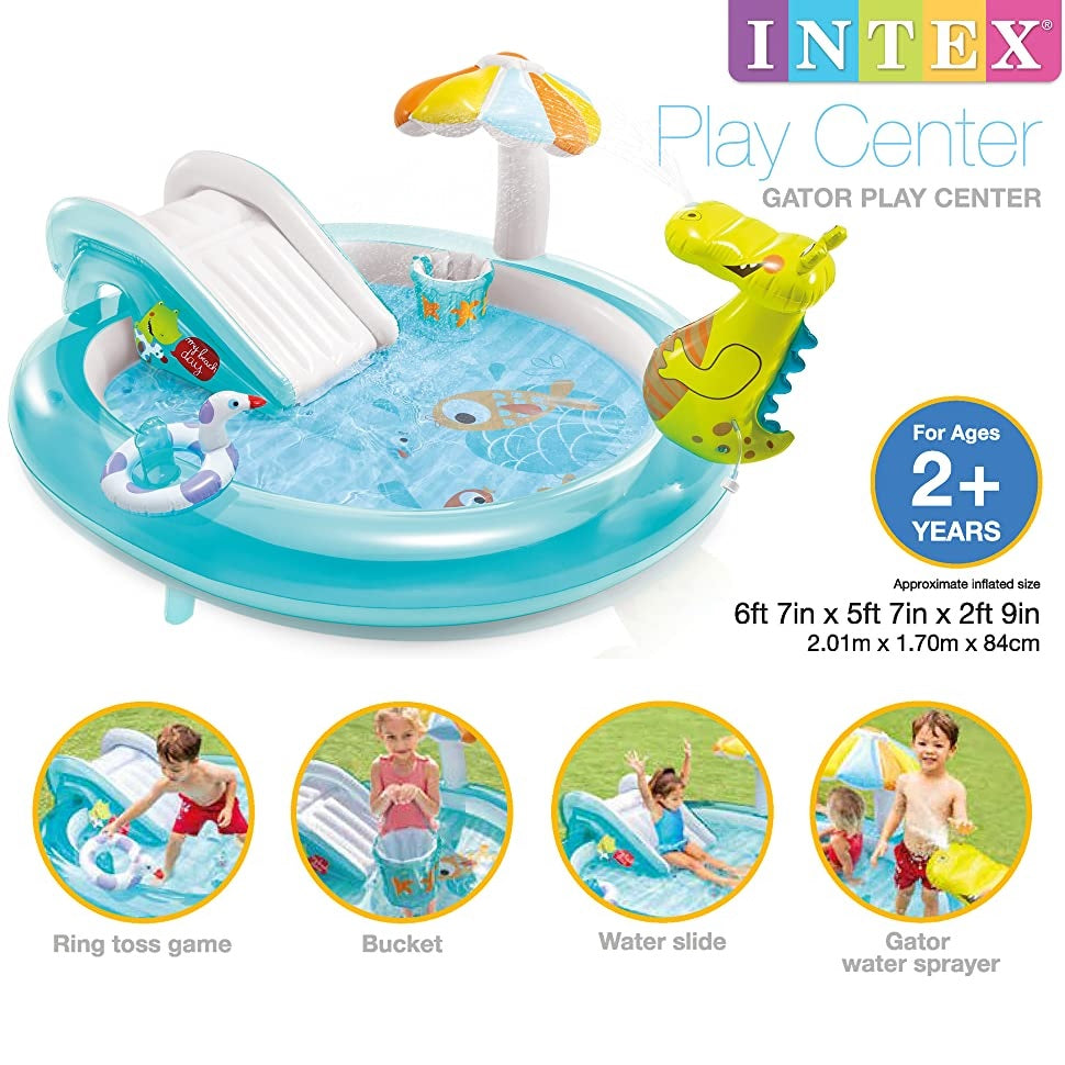 Inflatable kiddie pool features a slide, sprinklers, bucket and floatie. There's also a gator that sprays water.