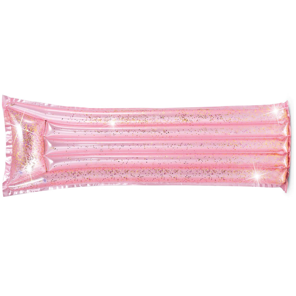 Pink and glittery inflatable pool mattress.