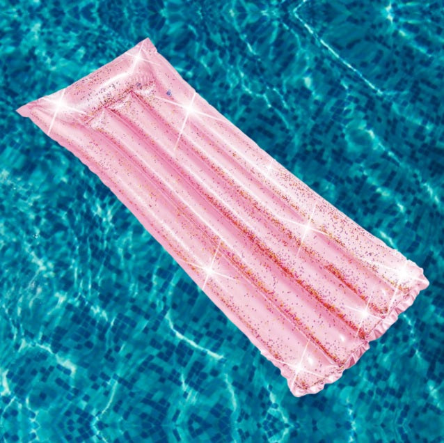 Pink and glittery inflatable pool mattress.