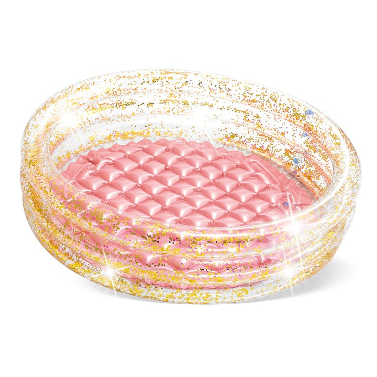 Pink and glittery mini inflatable kid's pool.