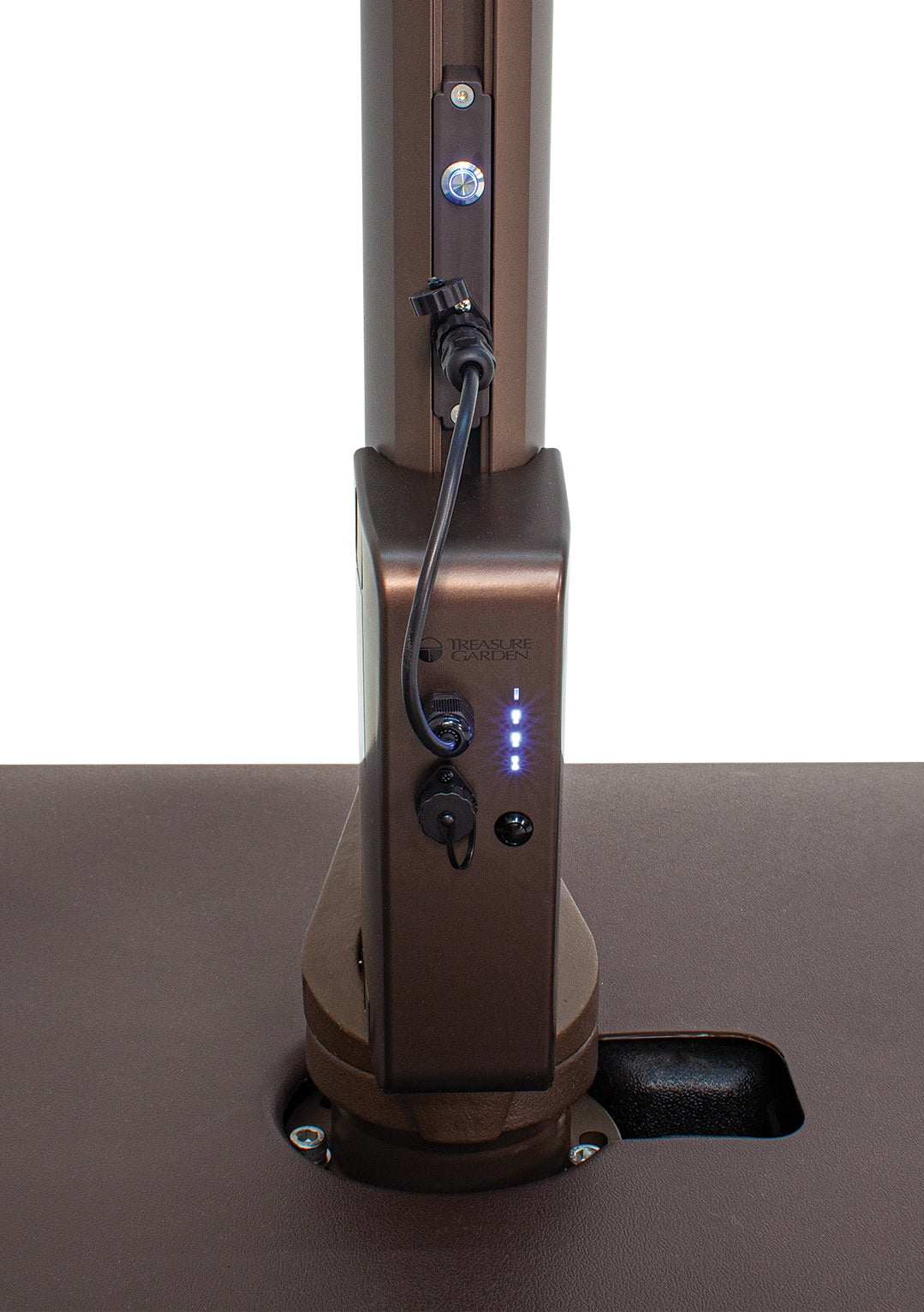 9' Starlux Collar Tilt Market Umbrella in a Bronze Frame with a Taupe Canopy