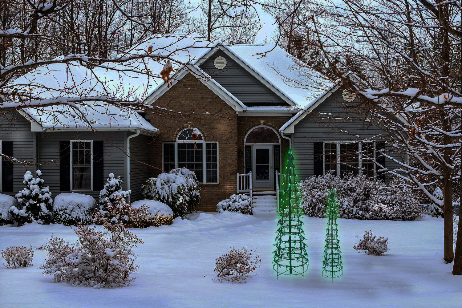 Set of 2 Wire Cone Trees with Green Twinkling LED Lights