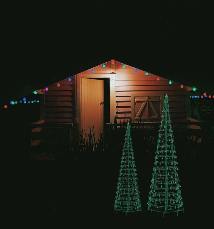 Set of 2 Wire Cone Trees with Green Twinkling LED Lights