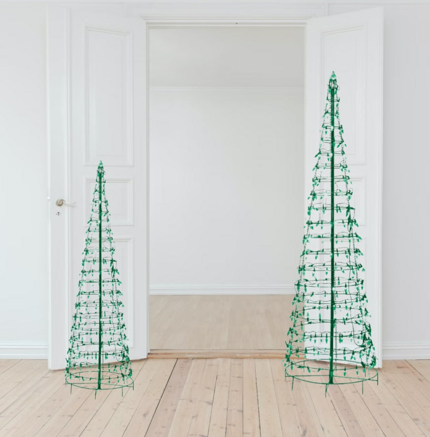 Set of 2 Wire Cone Trees with Green Twinkling LED Lights