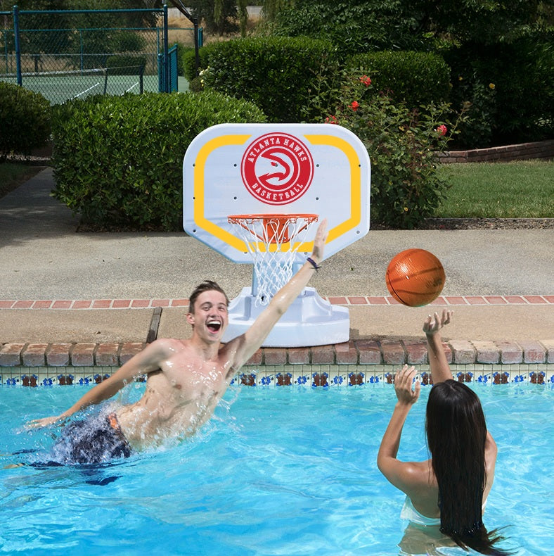 Pool basketball hoop with a Atlanta Hawks logo on it.