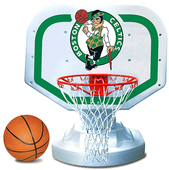 Pool basketball hoop with a Boston Celtics logo on it.