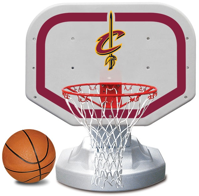 Pool basketball hoop with a Cleveland Cavaliers logo on it.