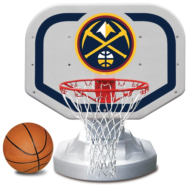 Pool basketball hoop with a Denver Nuggets logo on it.