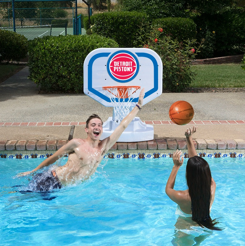 Pool basketball hoop with a Detroit Pistons logo on it.
