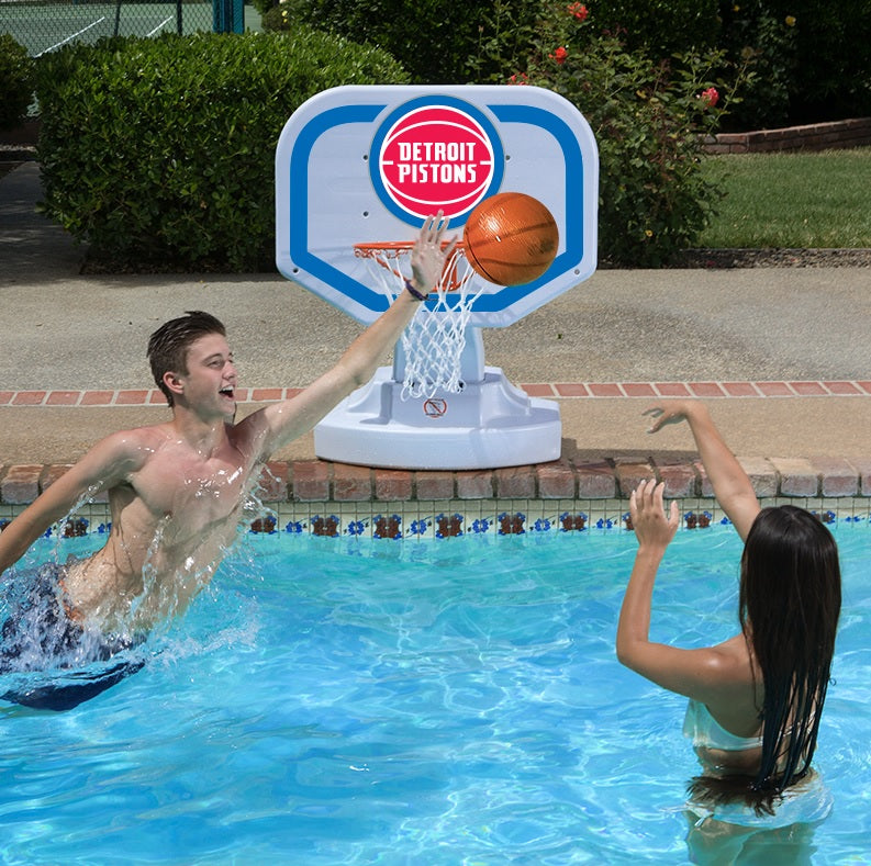 Pool basketball hoop with a Detroit Pistons logo on it.
