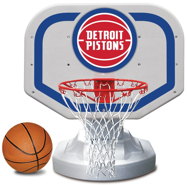 Pool basketball hoop with a Detroit Pistons logo on it.