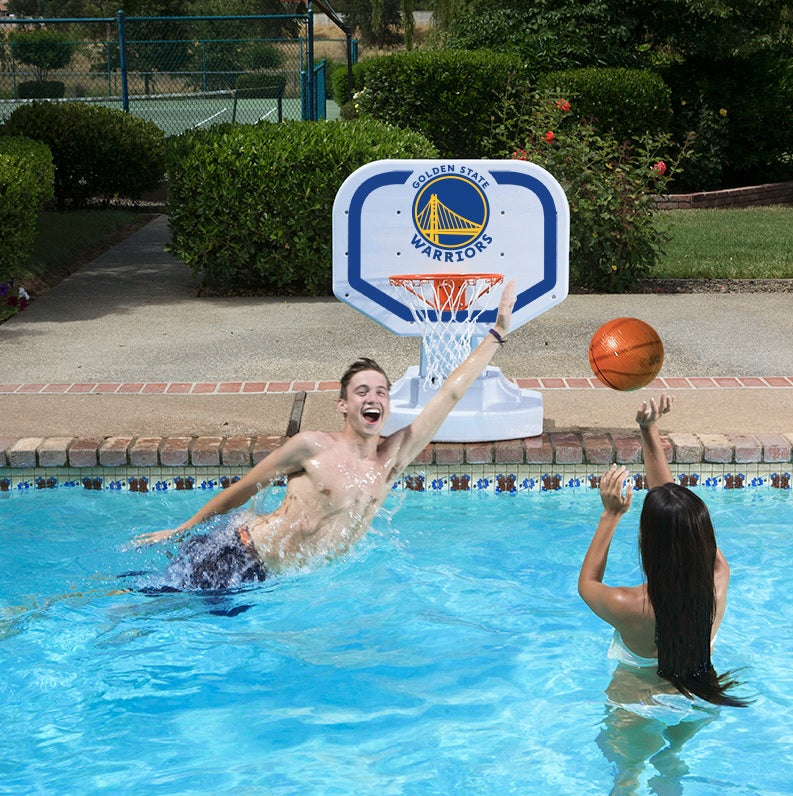 Pool basketball hoop with a Golden State Warriors logo on it.