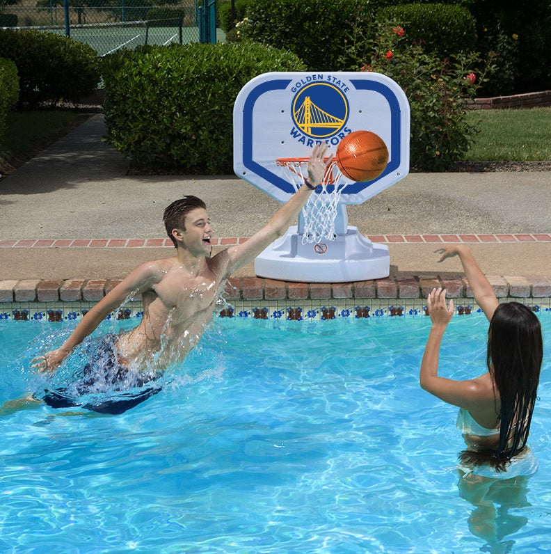 Pool basketball hoop with a Golden State Warriors logo on it.