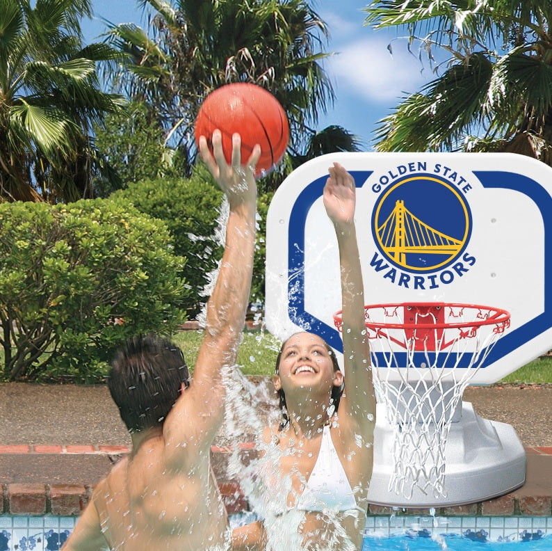 Pool basketball hoop with a Golden State Warriors logo on it.