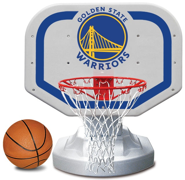 Pool basketball hoop with a Golden State Warriors logo on it.