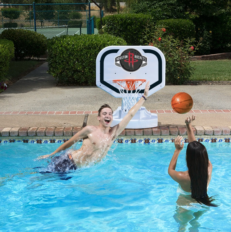Pool basketball hoop with a Houston Rockets logo on it.