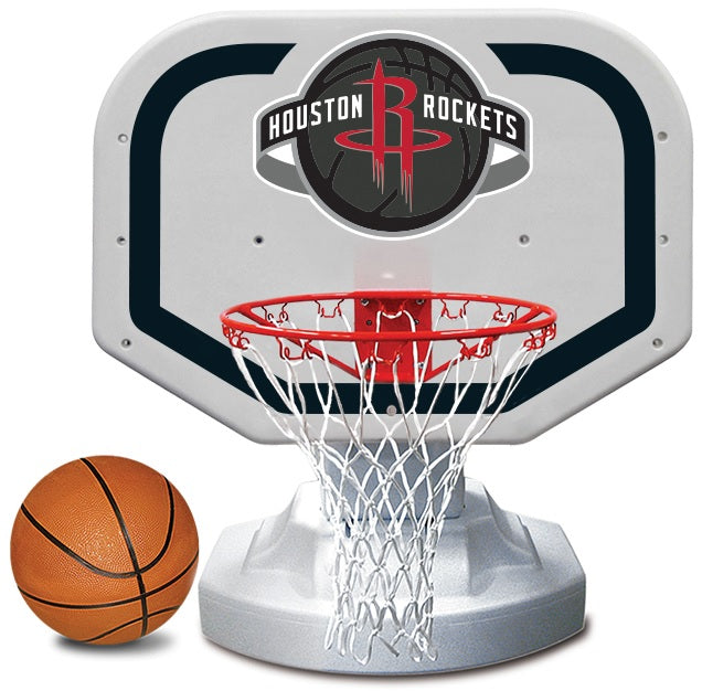 Pool basketball hoop with a Houston Rockets logo on it.
