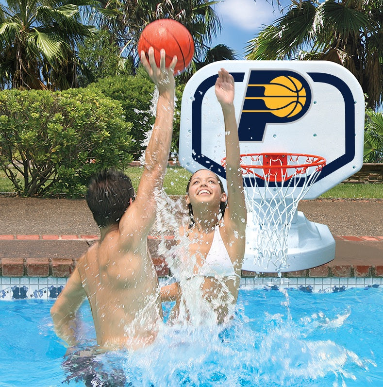 Pool basketball hoop with a Indiana Pacers logo on it.