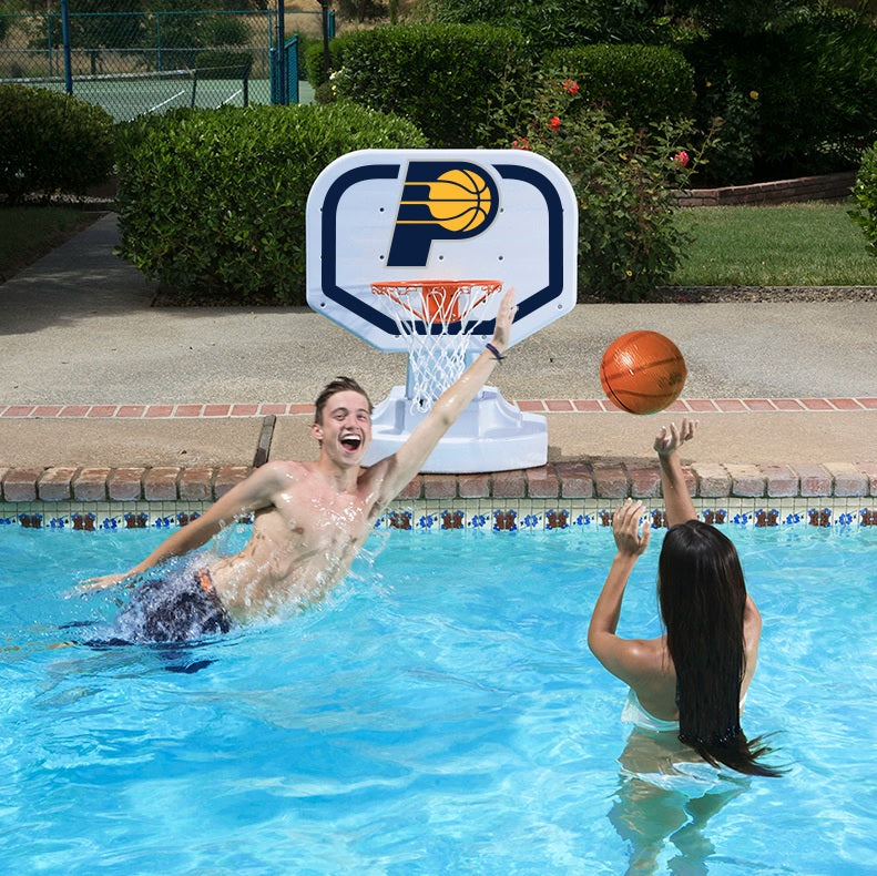 Pool basketball hoop with a Indiana Pacers logo on it.