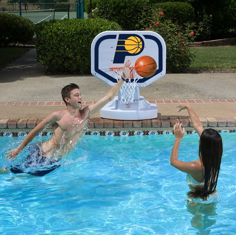 Pool basketball hoop with a Indiana Pacers logo on it.