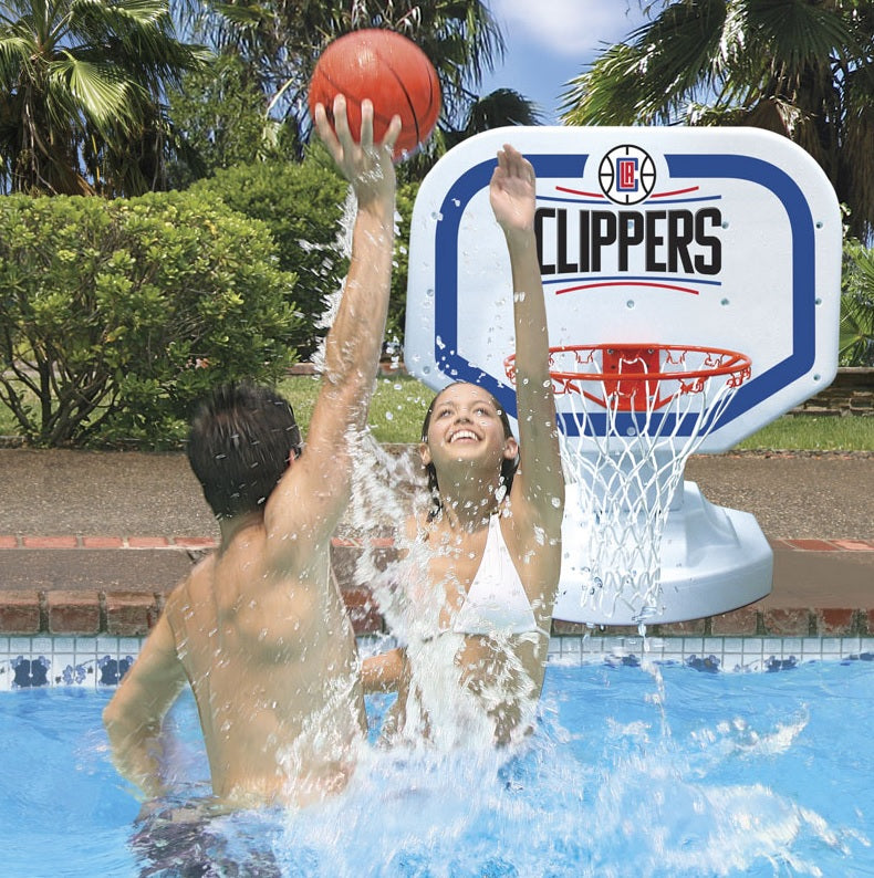 Pool basketball hoop with a Los Angeles Clippers logo on it.