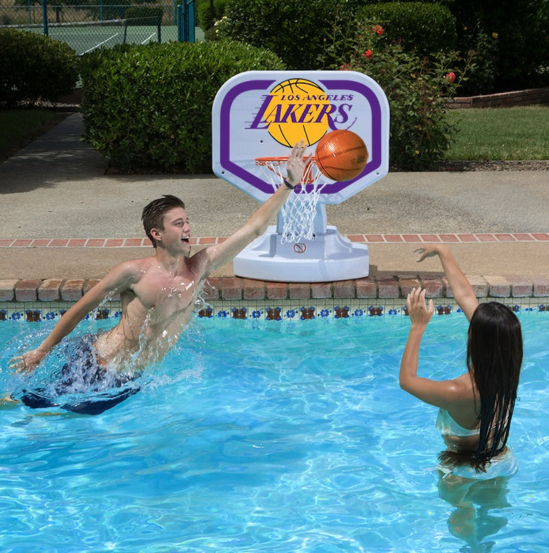 Pool basketball hoop with a Los Angeles Lakers logo on it.