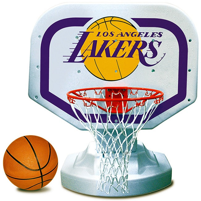 Pool basketball hoop with a Los Angeles Lakers logo on it.