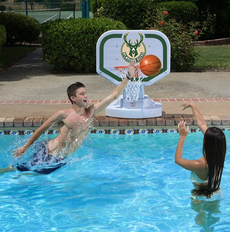 Pool basketball hoop with a Milwaukee Bucks logo on it.