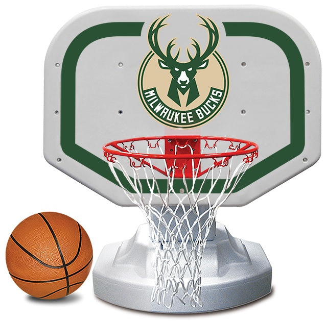 Pool basketball hoop with a Milwaukee Bucks logo on it.