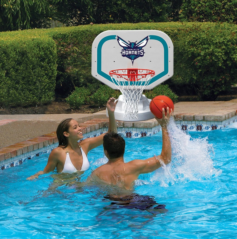 Pool basketball hoop with a Charlotte Hornets logo on it.