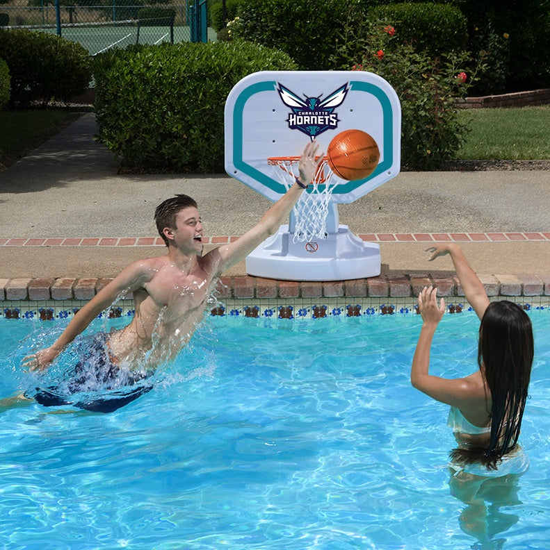 Pool basketball hoop with a Charlotte Hornets logo on it.