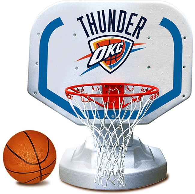 Pool basketball hoop with a Oklahoma City Thunder logo on it.
