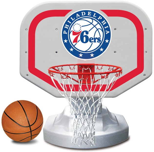 Pool basketball hoop with a Philadelphia 76ers logo on it.