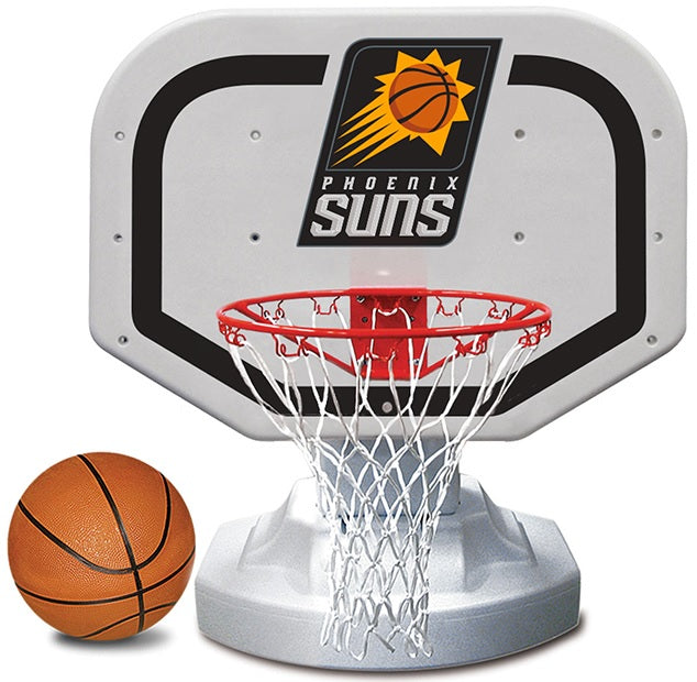 Pool basketball hoop with a Phoenix Suns logo on it.