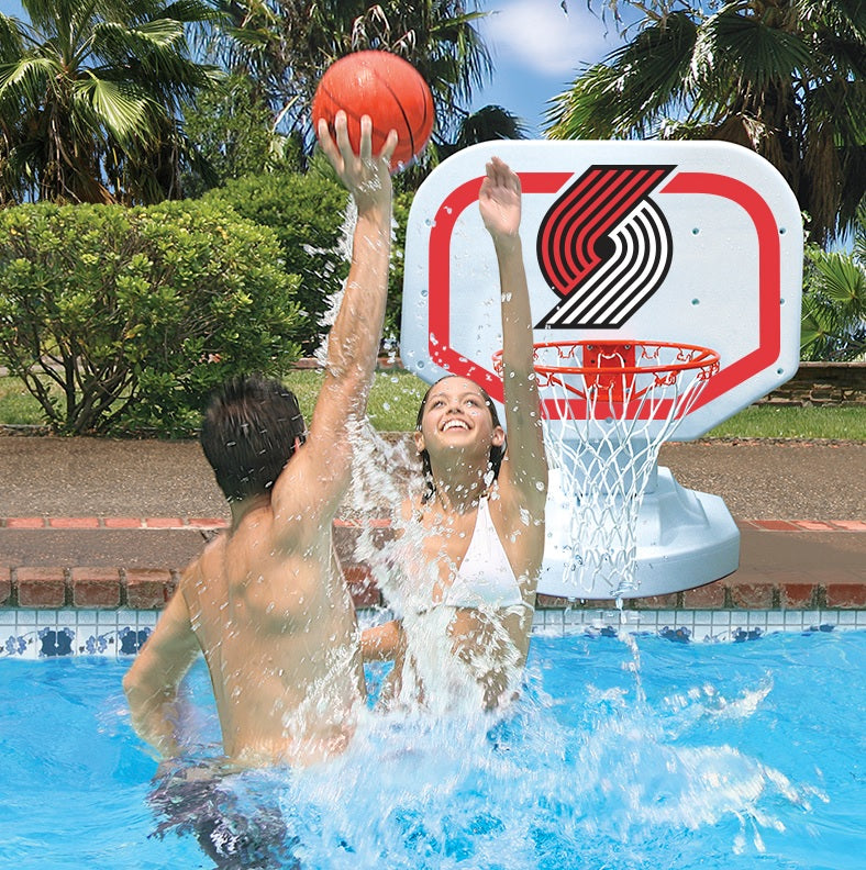 Pool basketball hoop with a Portland Trail Blazers logo on it.