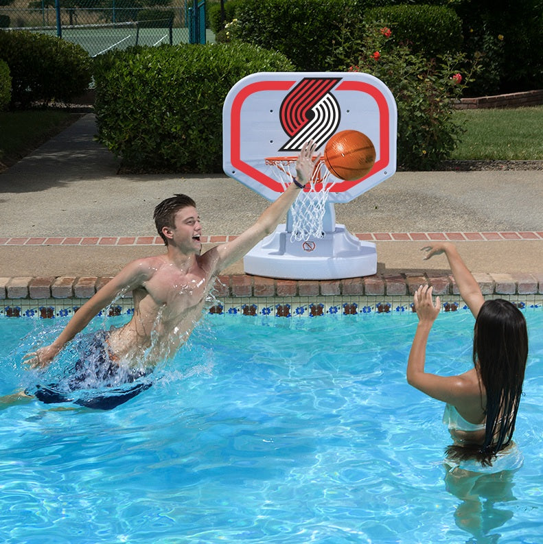 Pool basketball hoop with a Portland Trail Blazers logo on it.