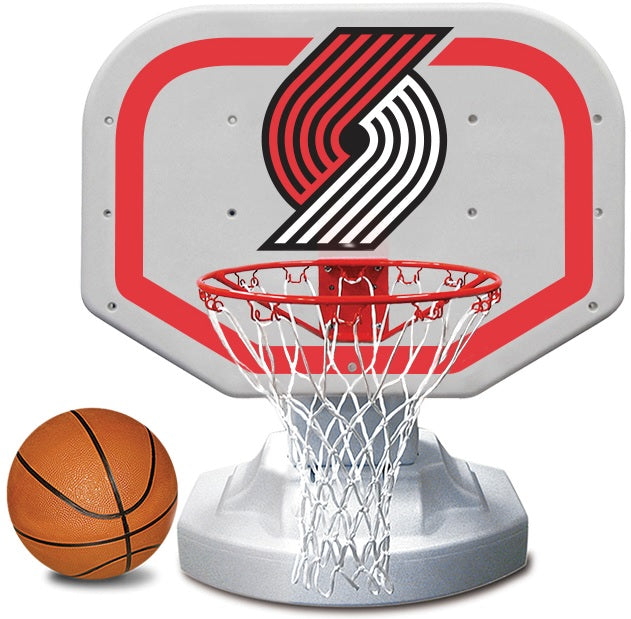 Pool basketball hoop with a Portland Trail Blazers logo on it.