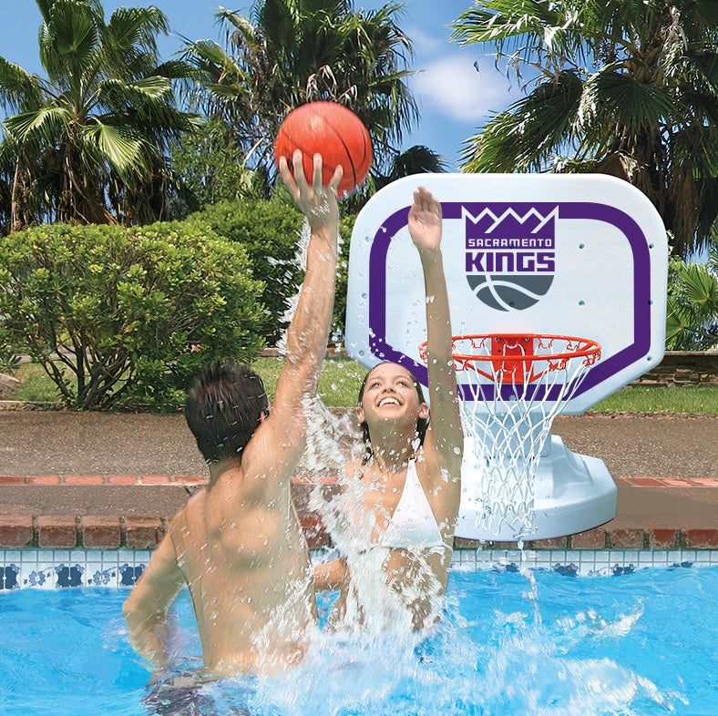 Pool basketball hoop with a Sacramento Kings logo on it.