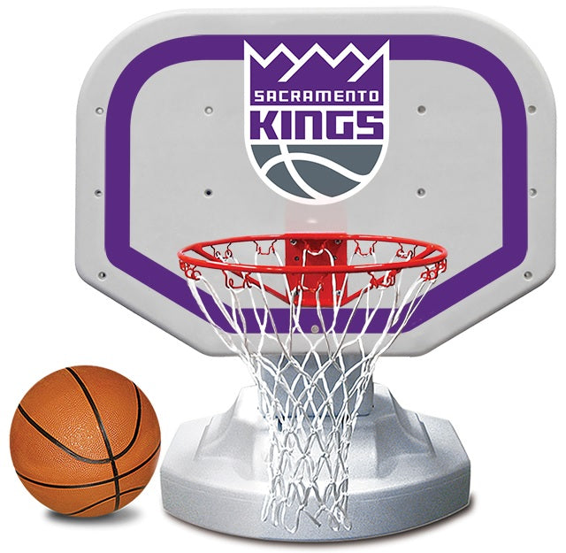 Pool basketball hoop with a Sacramento Kings logo on it.