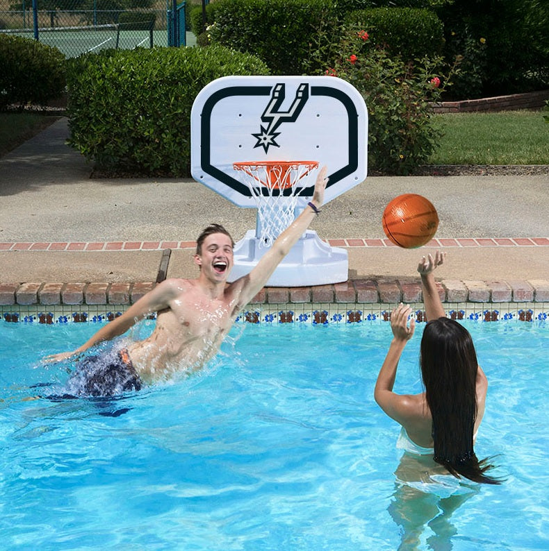Pool basketball hoop with a San Antonio Spurs logo on it.