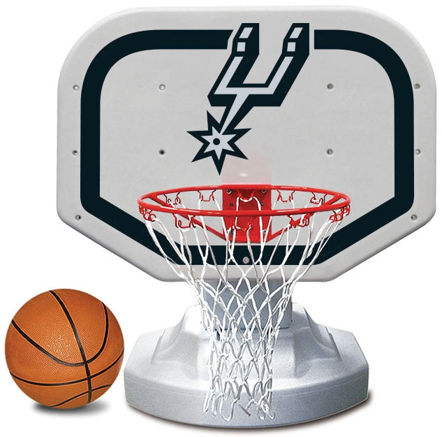 Pool basketball hoop with a San Antonio Spurs logo on it.