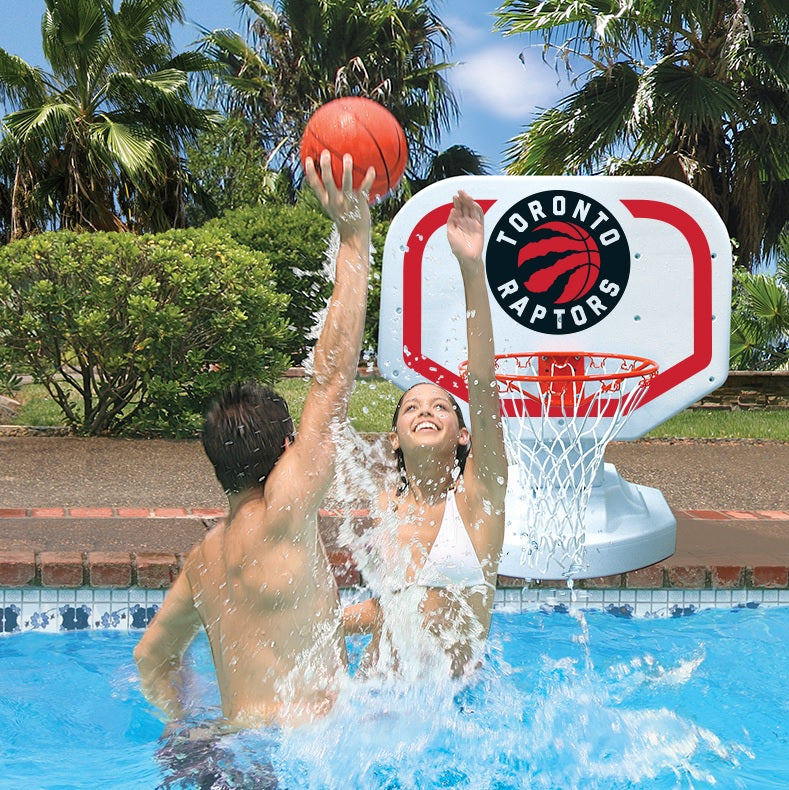 Pool basketball hoop with a Toronto Raptors logo on it.