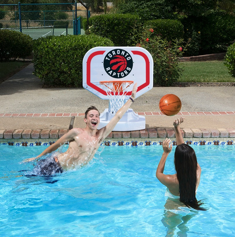 Pool basketball hoop with a Toronto Raptors logo on it.
