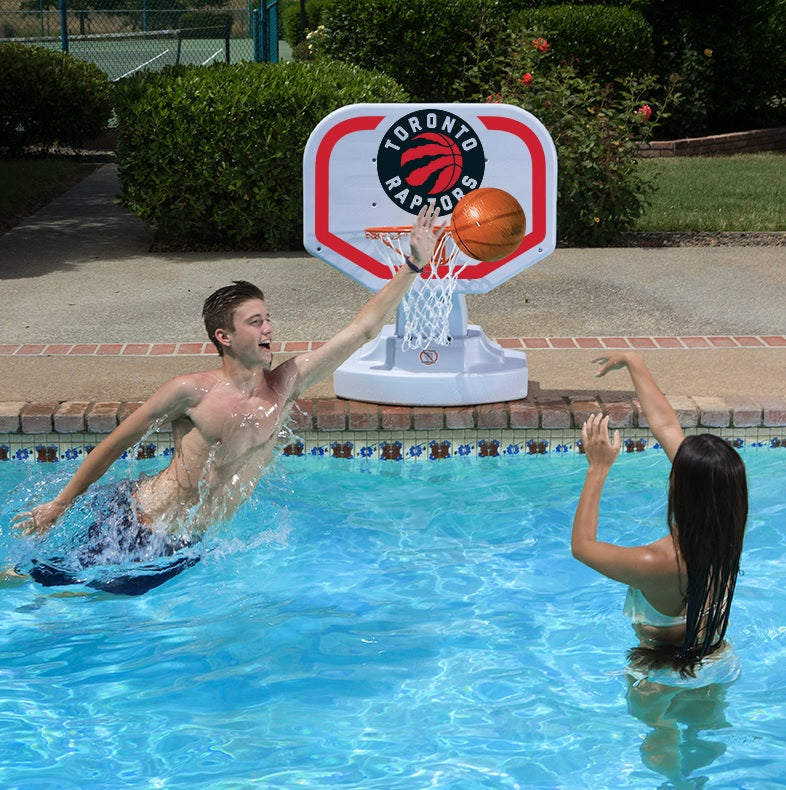 Pool basketball hoop with a Toronto Raptors logo on it.
