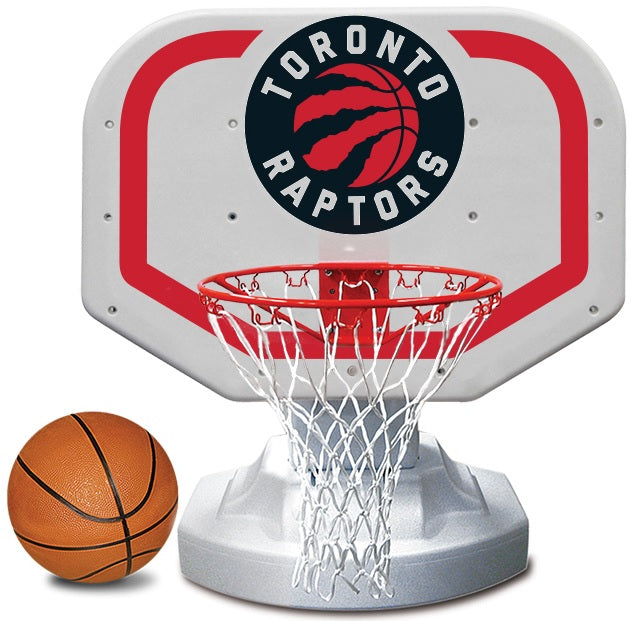 Pool basketball hoop with a Toronto Raptors logo on it.