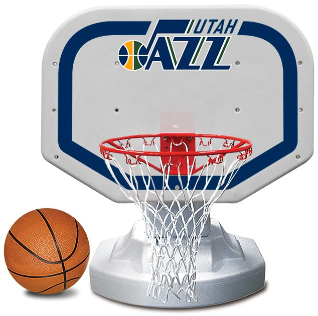 Pool basketball hoop with a Utah Jazz logo on it.