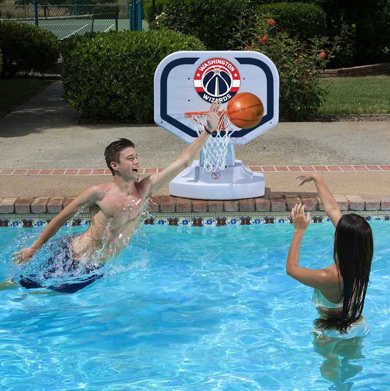 Pool basketball hoop with a Washington Wizards logo on it.