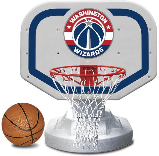 Pool basketball hoop with a Washington Wizards logo on it.