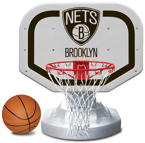 Pool basketball hoop with a Brooklyn Nets logo on it.