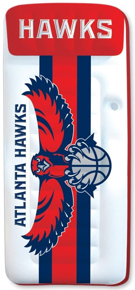 Pool mattress with Atlanta Hawks logos on it.